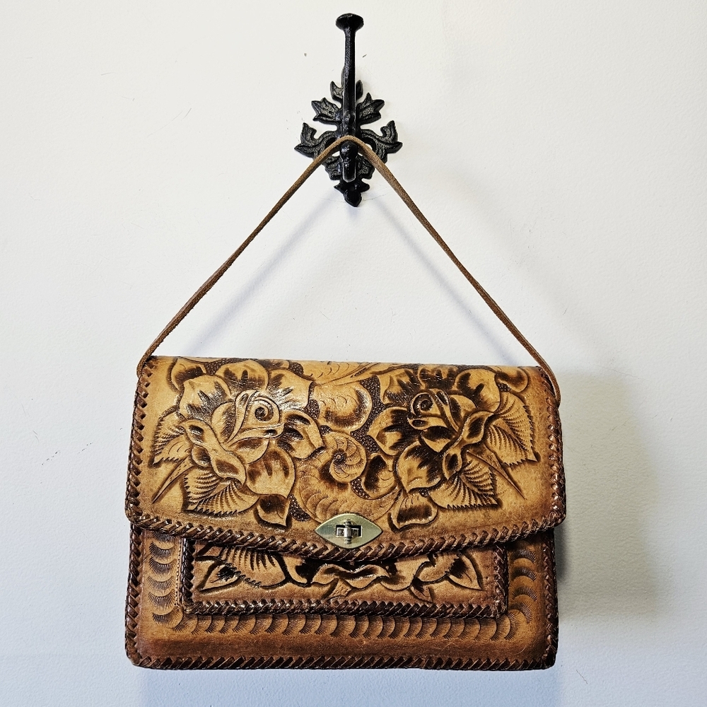 Vintage Floral Hand Tooled Leather Purse Handbag Western Boho